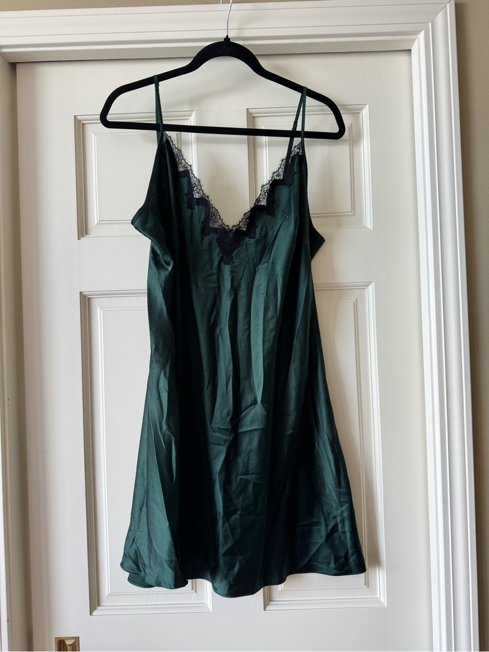 Dark Green Lace-Trim Satin Slip Dress - Women Intimates